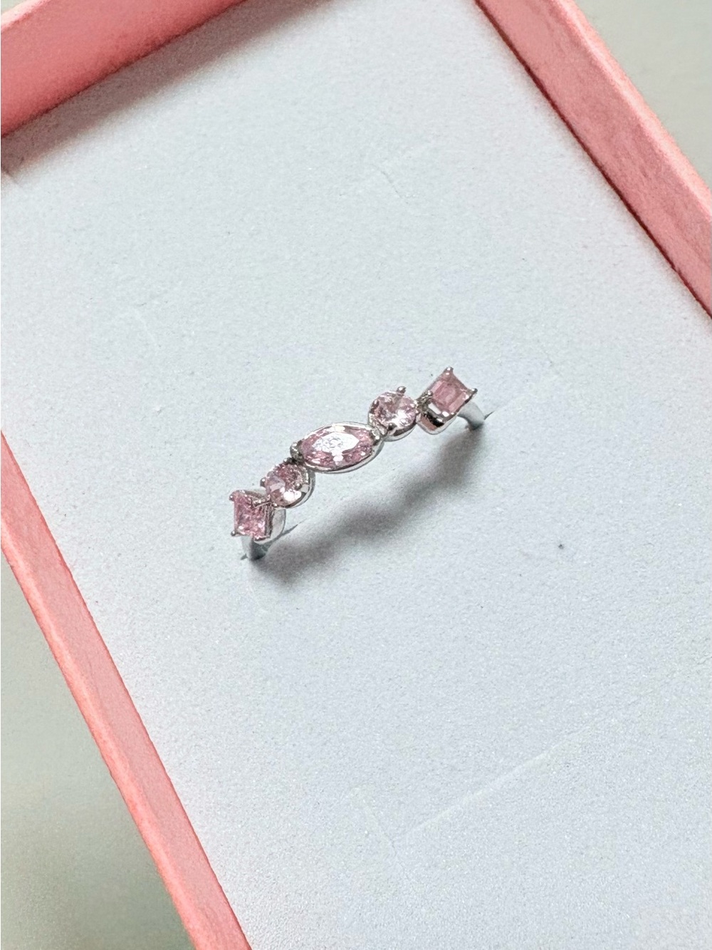 Moissanite Sterling Silver Ring with Pink Gemstone Accents size 5